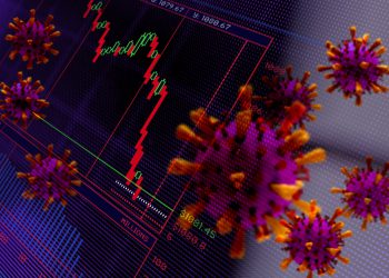 Financial Crash. Trading screen and Corona virus. Abstract image.