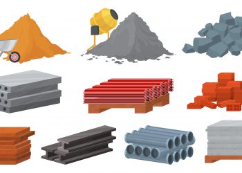 Construction materials set, flat vector illustration. Pile of sand, cement, stones, bricks. Concrete mixer. Stack of gypsum blocks, metal roof, tile, wooden planks. Materials for building industry.