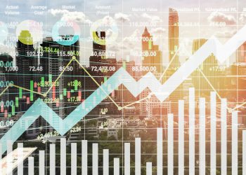 Stock financial index show successful investment on property business and construction industry with graph and chart for presentation and report background.