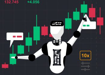 Robot tradings. Stock exchange robot. Business trading concept. Forex market. AI technologies in business and stock market. Artificial Intelligence. Vector illustration flat design.