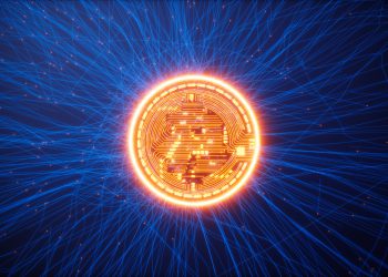 Glowing Bitcoin On Blue Background With Plexus And Red Connection Dots